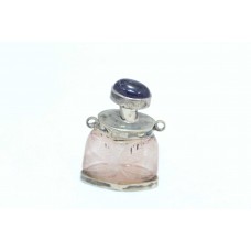 Antique Collectable Pink Rose Quartz Perfume Bottle Silver Amethyst Stone Cap 25